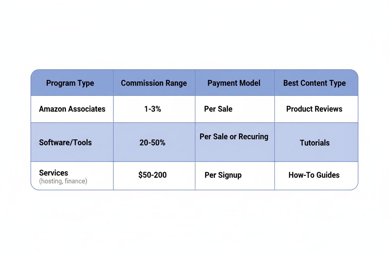 Comparison table of affiliate program types