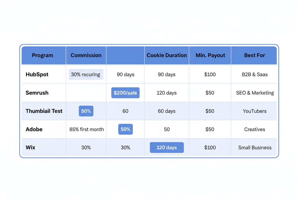 Comparison table of affiliate marketing programs