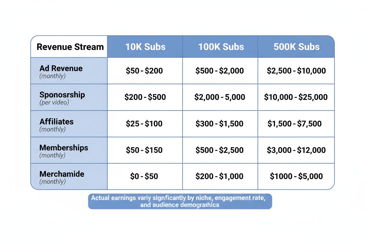 Table comparing typical earnings by channel size