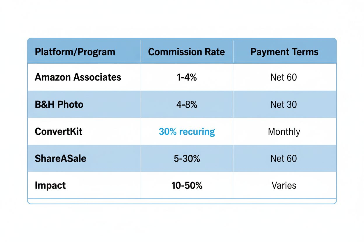 Comparison table of affiliate program commission rates