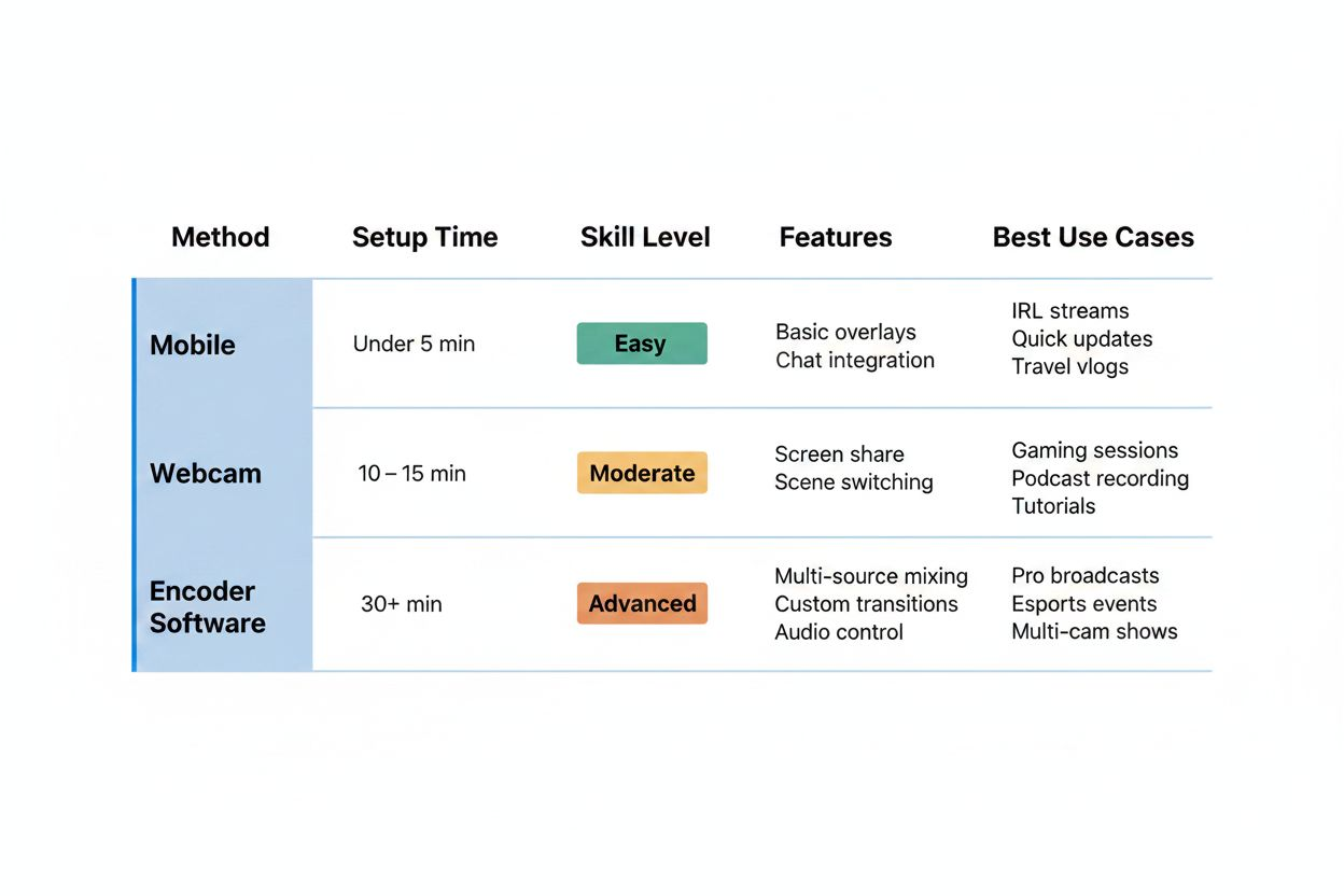 Comparison table of streaming methods and features