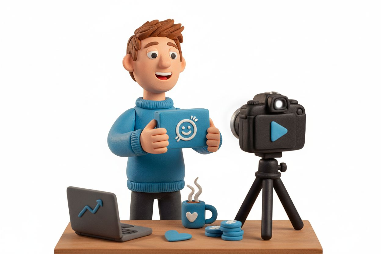 Person filming a video in a home workspace