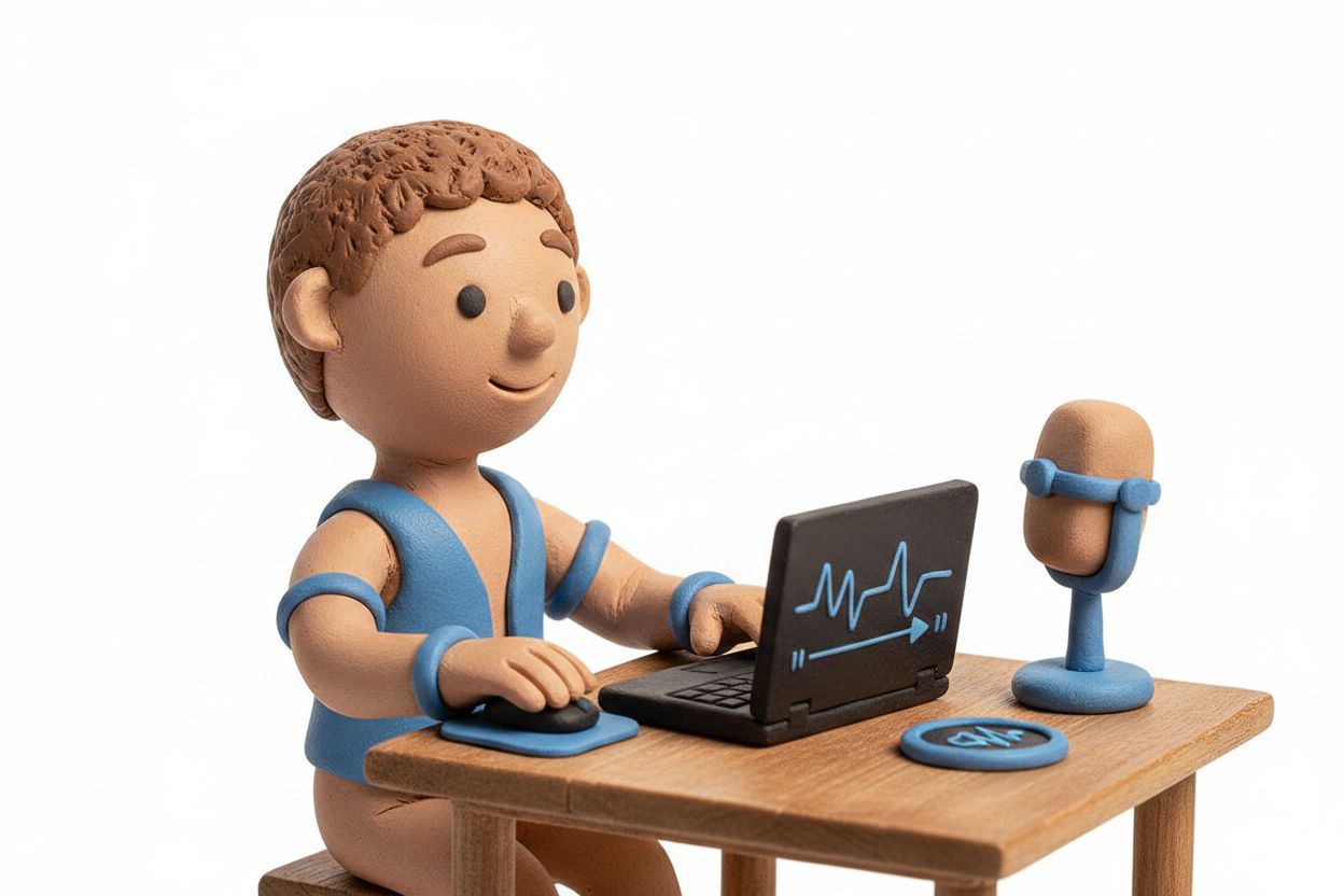 Home workspace with laptop and microphone