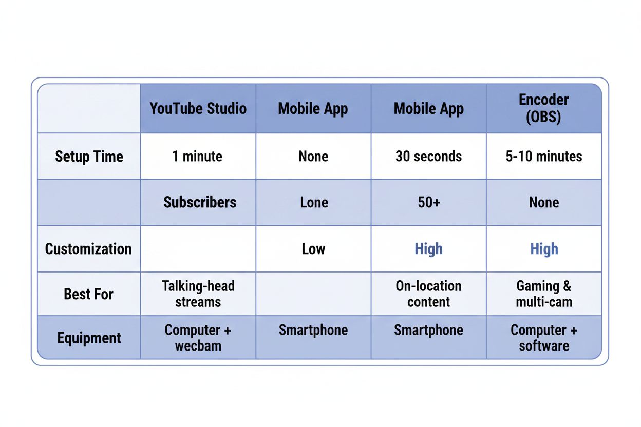 Comparison table of streaming setup options