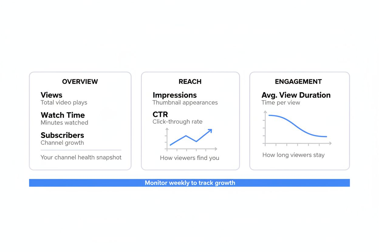 YouTube Studio dashboard mockup showing analytics metrics
